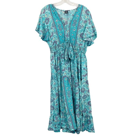 Zury Blue Boho Print Flutter Sleeve Maxi Dress V-Neck Silk Bohemian FREE SIZE - Picture 1 of 8